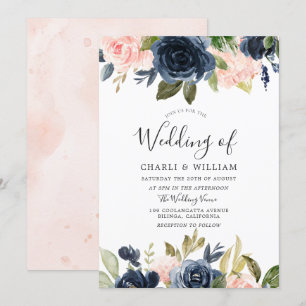 Moderne Botanische Blush & Navy Blumenhochzeit Einladung