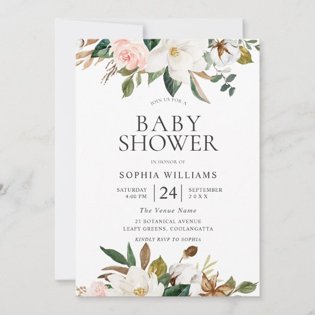 Moderne botanische Blush & White Floral Baby Dusch Einladung (Vorderseite)
