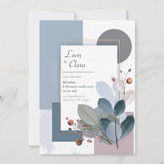 Moderne Botanische Geometrische Hochzeit Blau und  Einladung (Vorderseite)