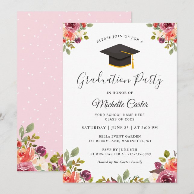 Moderne botanische Girl Grad Graduierungsparty Einladung (Vorne/Hinten)