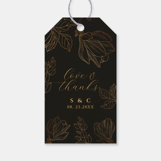 Moderne Botanische Goldene Schwarze Hochzeit Geschenkanhänger (Vorderseite)
