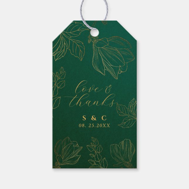 Moderne botanische Grüne Hochzeit mit goldenen Blu Geschenkanhänger (Vorderseite)
