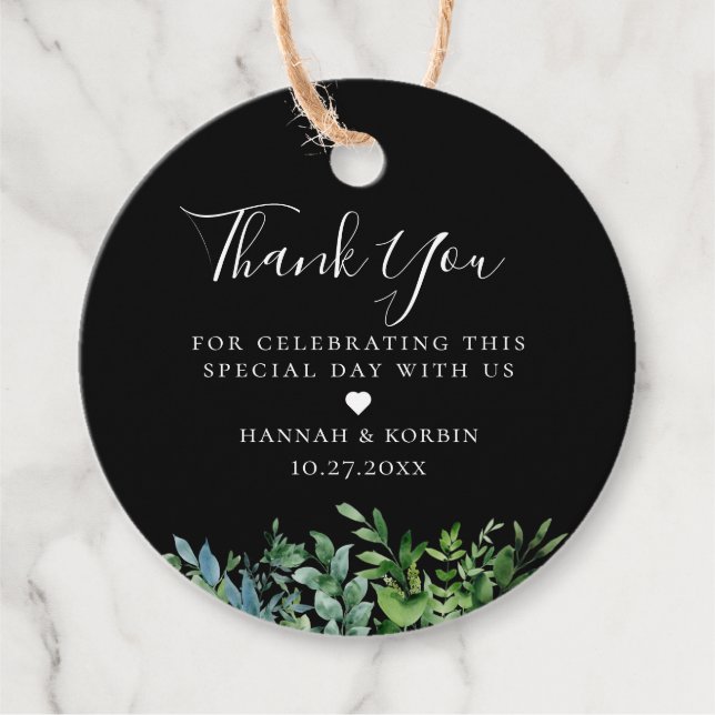 Moderne Botanische Grüne Schwarze Hochzeit Geschenkanhänger (Vorderseite)