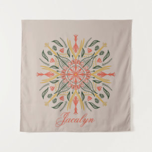 Moderne botanische Grünpflanzen Boho Orange Mandal Wandteppich