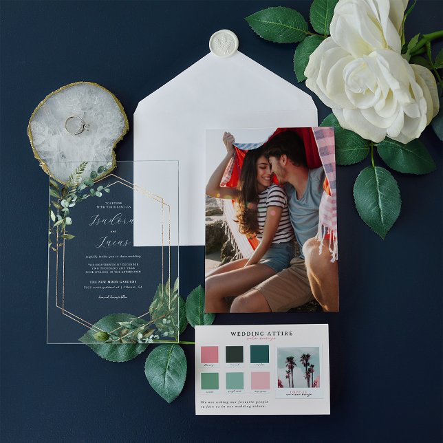 Moderne botanische Hochzeit Acryleinladungen (Von Creator hochgeladen)