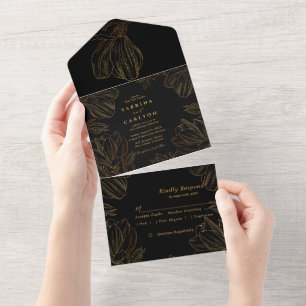 Moderne Botanische Hochzeit der Goldenen Natur All In One Einladung