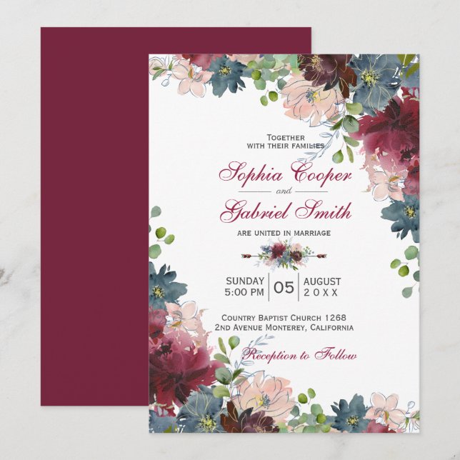Moderne Botanische Hochzeit der Marine Pink Floral Einladung (Vorne/Hinten)