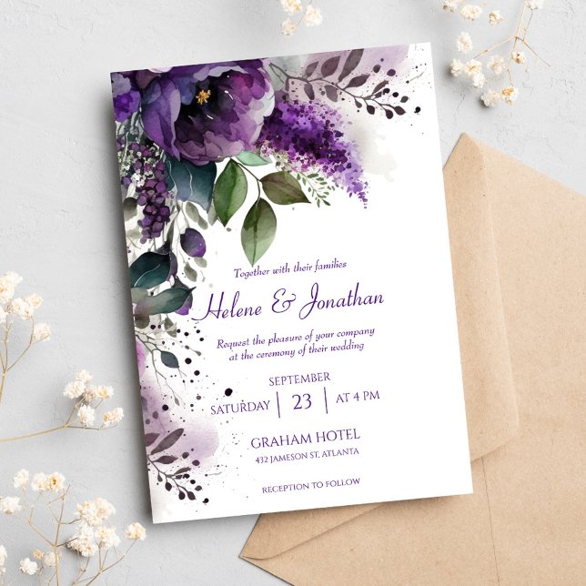 Moderne Botanische Hochzeit mit Lila Blumen Einladung (Modern Elegant Botanical Purple Floral Wedding Invitation)