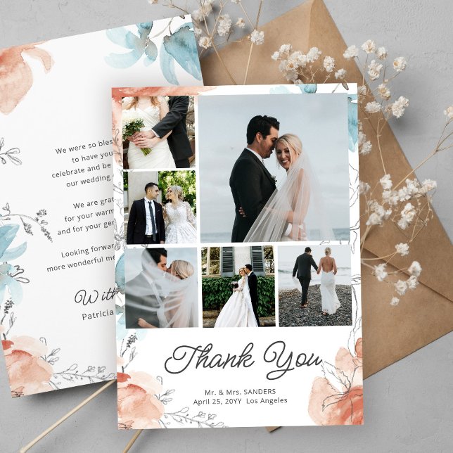 Moderne botanische Hochzeit mit mehreren Fotos Dankeskarte (Von Creator hochgeladen)