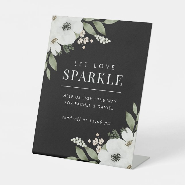 Moderne botanische Hochzeitssparkler für Flora und Sockelschild (Vorderseite)