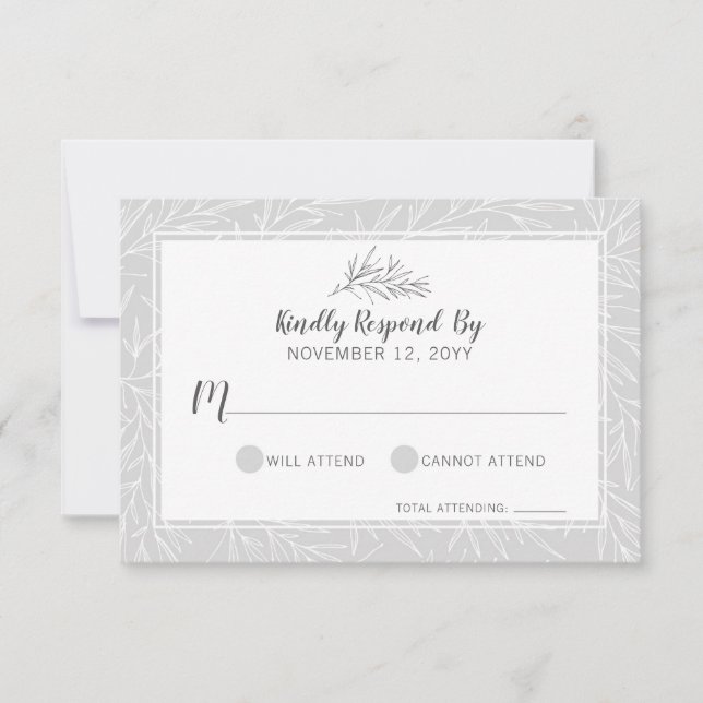 Moderne botanische Leaf Silver Wedding RSVP Card (Vorderseite)