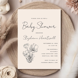 Moderne botanische Line-Art-Cream-Baby-Shower Einladung