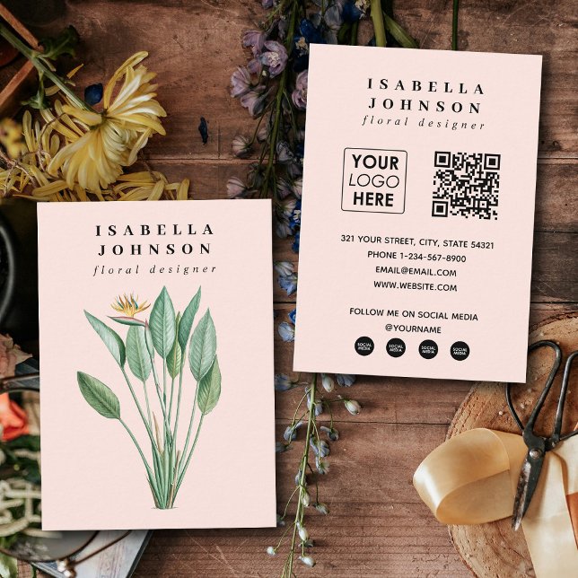 Moderne botanische Logos Rosa QR Code Soziale Medi Visitenkarte (Modern Botanical Logo Pink QR Code Social Media Business Card)