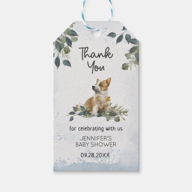 Moderne botanische Niedliche Puppy Baby Dusche Vie Geschenkanhänger (Vorderseite)