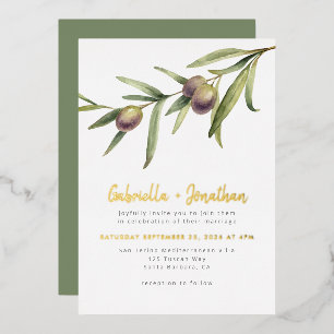 Moderne Botanische Olive Branch Hochzeit Gold Folieneinladung