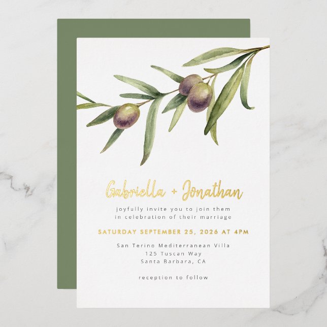 Moderne Botanische Olive Branch Hochzeit Gold Folieneinladung (Vorderseite/Rückseite)