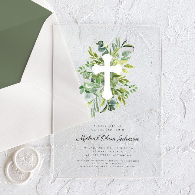 Moderne botanische Religiöse Kreuztaufe Acryleinladungen (Modern Botanical Religious Cross Baptism Acrylic Invitations)