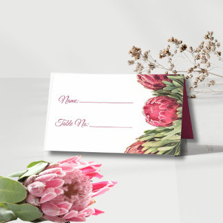 Moderne botanische rosa Protea-Blumen-Hochzeitstis Platzkarte