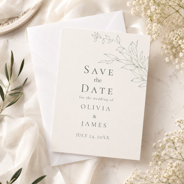 Moderne Botanische Save-the-Date-Karte im Salbeigr Einladung (Modern Sage Botanical Save the Date Card on an elegant table with tiny flowers)