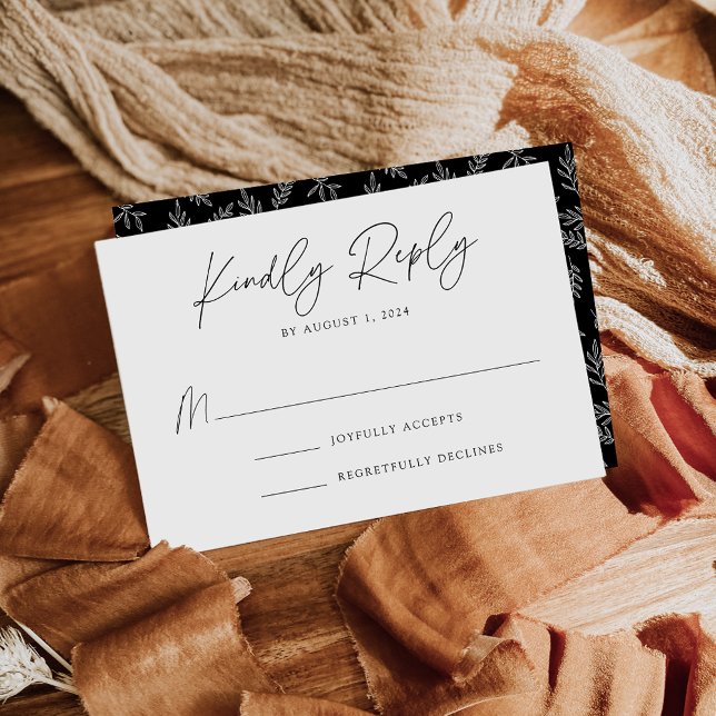 Moderne botanische Schwarz-Weiß-Hochzeit RSVP Karte (Von Creator hochgeladen)