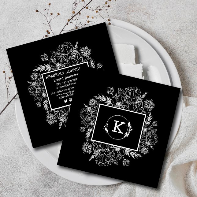 Moderne botanische Schwarz-weiße Visitenkarte (Modern Botanical Black White Business Card #blackwhite #modern #rustic #wildflower)