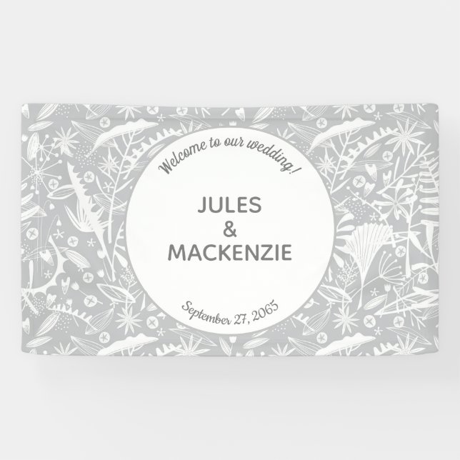 Moderne Botanische Silbergrauhochzeit Banner (Horizontal)