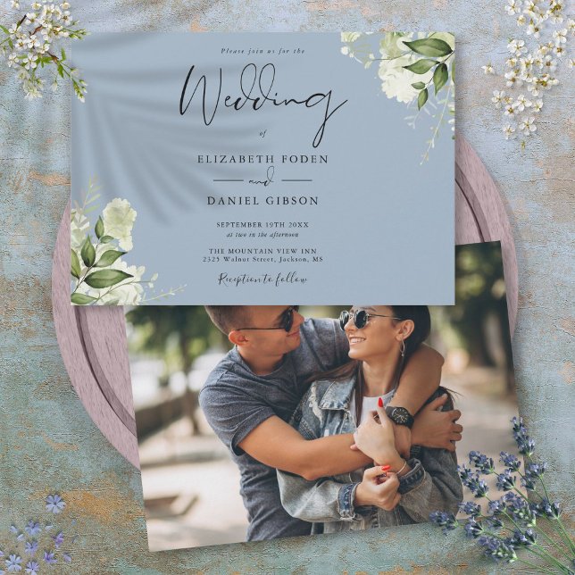 Moderne botanische Vegetation Dusty Blue Foto Wedd Einladung (Modern Botanical Greenery Dusty Blue Photo Wedding Invitation)