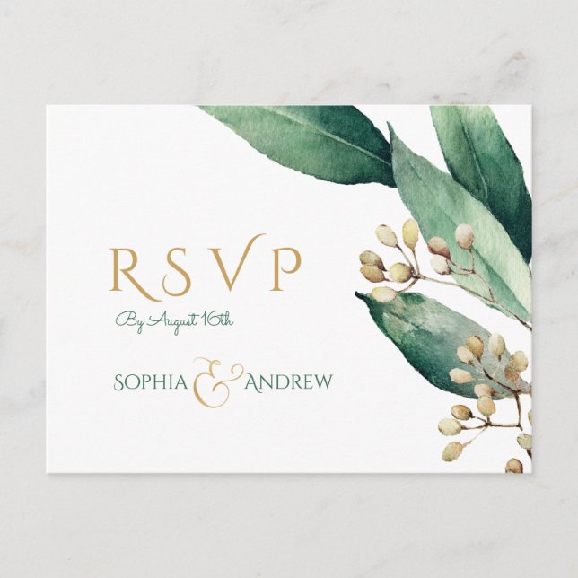 Moderne botanische Vegetation rustikale Hochzeit R Einladungspostkarte (Vorderseite)