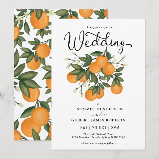 Moderne Botanische Zitrus-Orangensaft Hochzeit Einladung (Vorne/Hinten)