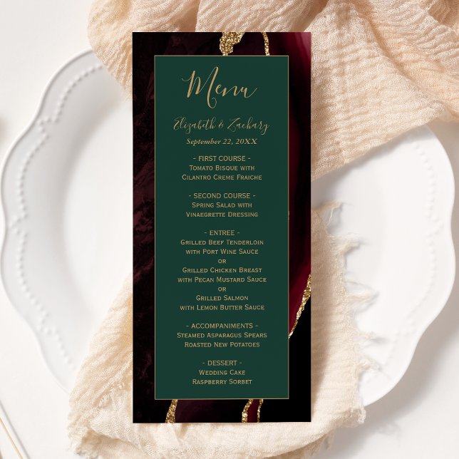 Moderne Bourgogne Or Agate Vert Mariage Menu (Créateur téléchargé)