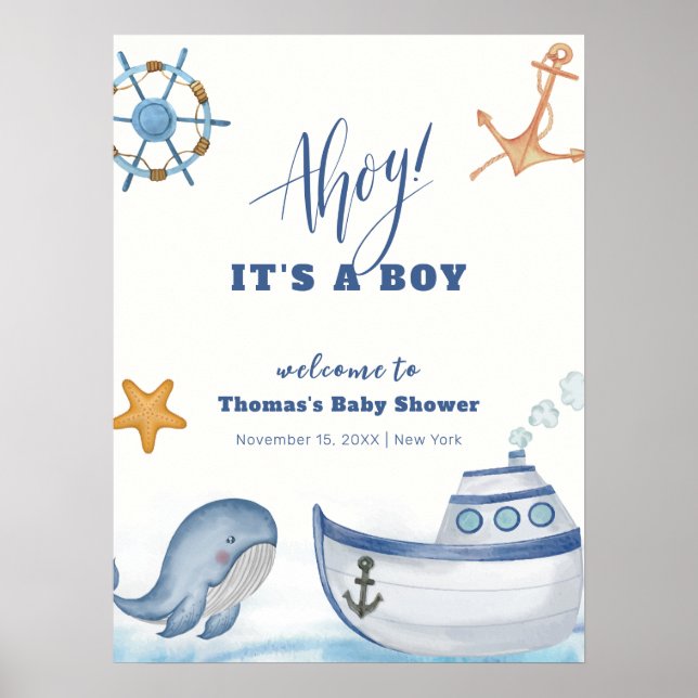 Moderne Boy Whale Sailboat Babydusche Willkommen Poster (Vorne)