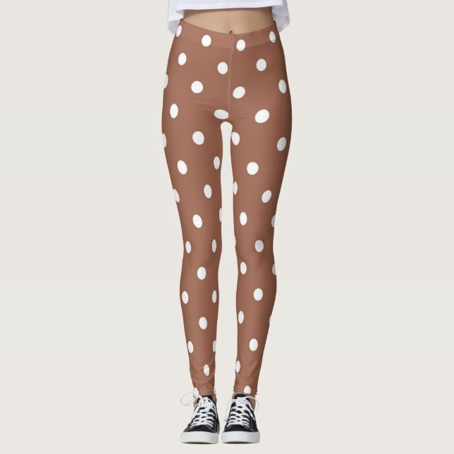 Moderne braune und weiße Polka-Punkte-Muster Leggings (Vorderseite)