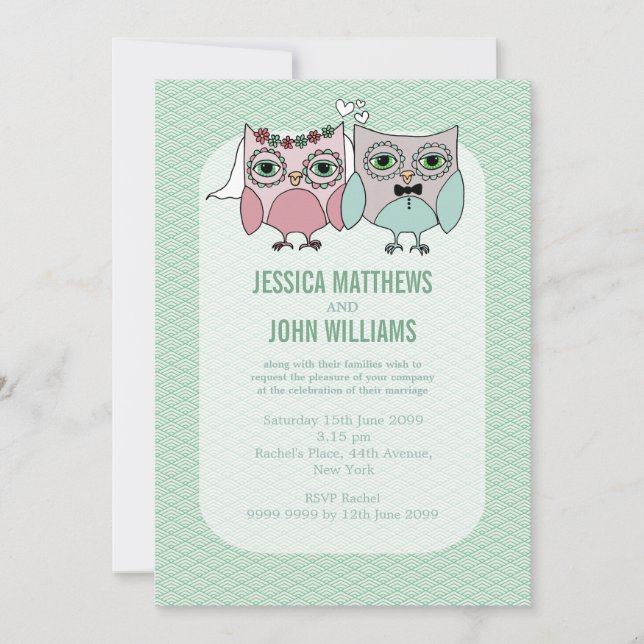 Moderne Braut & Groom Owl Couple Wedite Einladung (Vorderseite)
