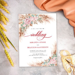 Moderne Brautrosen Pampasgras Florale Hochzeit Einladung