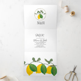 Moderne Brautwasserfarbe Lemon Grüne Hochzeit Dreifach Gefaltete Einladung