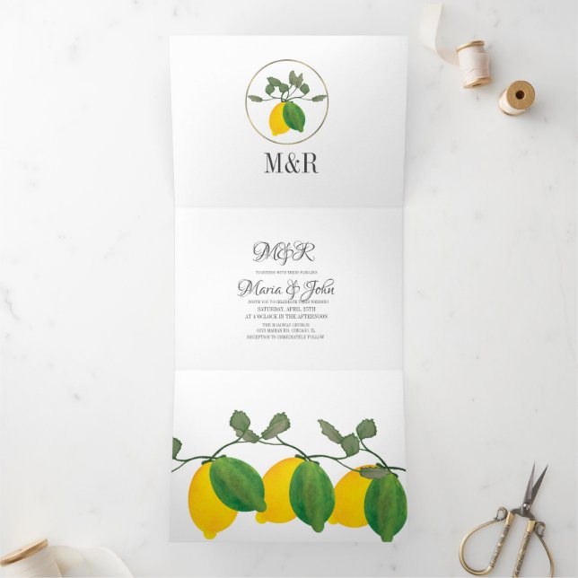 Moderne Brautwasserfarbe Lemon Grüne Hochzeit Dreifach Gefaltete Einladung (Innenseite)