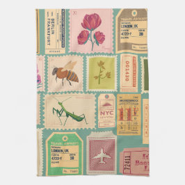 Moderne Briefmarke und Cenima Tickets Blau Geschirrtuch