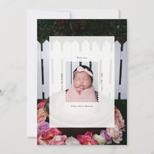 Moderne Briefmarken-Foto-Geburt Baby Ankündigung (Vorderseite)