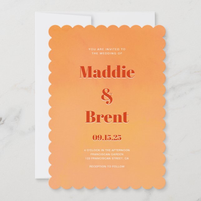 Moderne Bright & Bold Gradient Burnt Orange Weddin Einladung (Vorderseite)
