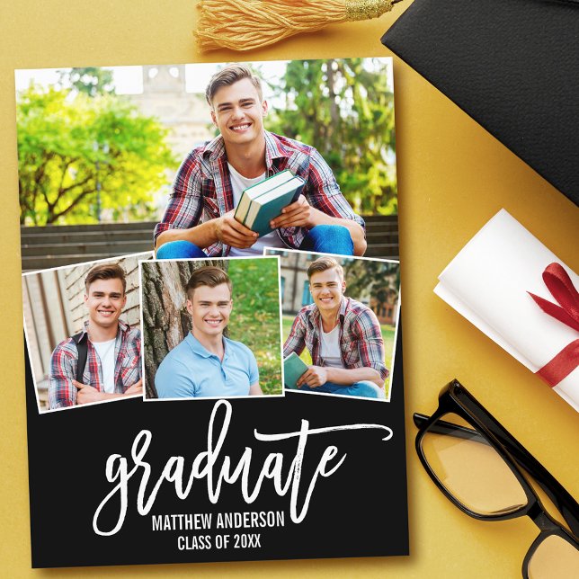 Moderne Brush Script 4 Foto Graduation Party Einladungspostkarte (Customize to change your personalized text size or text style.)
