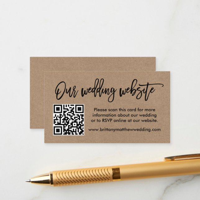 Moderne Brush Script Kraft Wedding Website QR Begleitkarte (Vorderseite/Rückseite Beispiel)