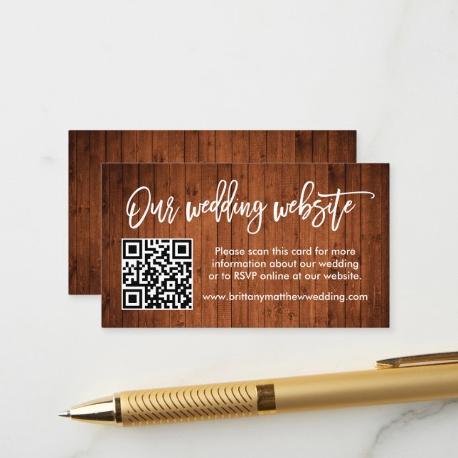 Moderne Brush Script Wood Wedding Website QR Begleitkarte (Vorderseite/Rückseite Beispiel)