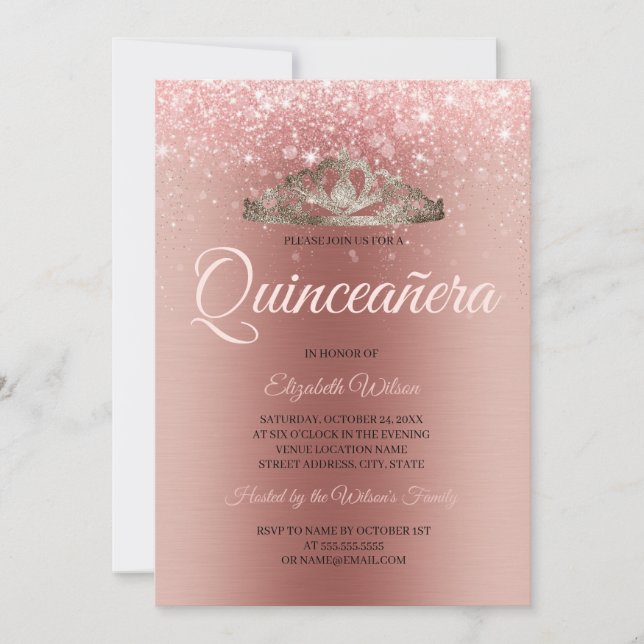 Moderne Brushmetall-Rose Gold Glitzer Quinceanera Einladung (Vorderseite)