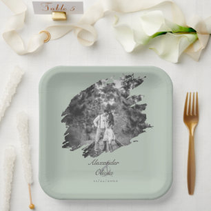 Moderne Brushstroke Foto Wedding   Sage Green Pappteller