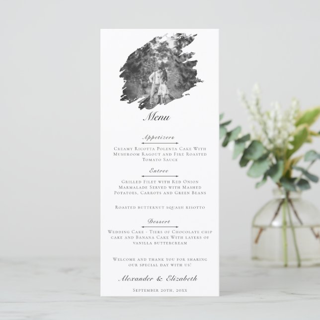Moderne Brushstroke Foto Wedding | Weiß Menükarte (Stehend Vorderseite)