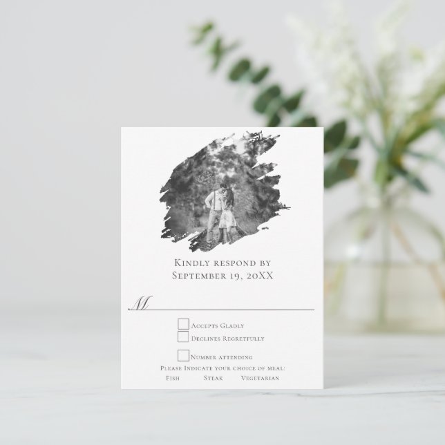Moderne Brushstroke Foto Wedding | Weiß RSVP Karte (Stehend Vorderseite)