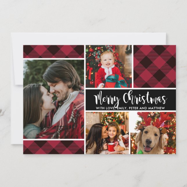 Moderne Buffalo Kariert Multi Foto Weihnachtskarte (Vorderseite)