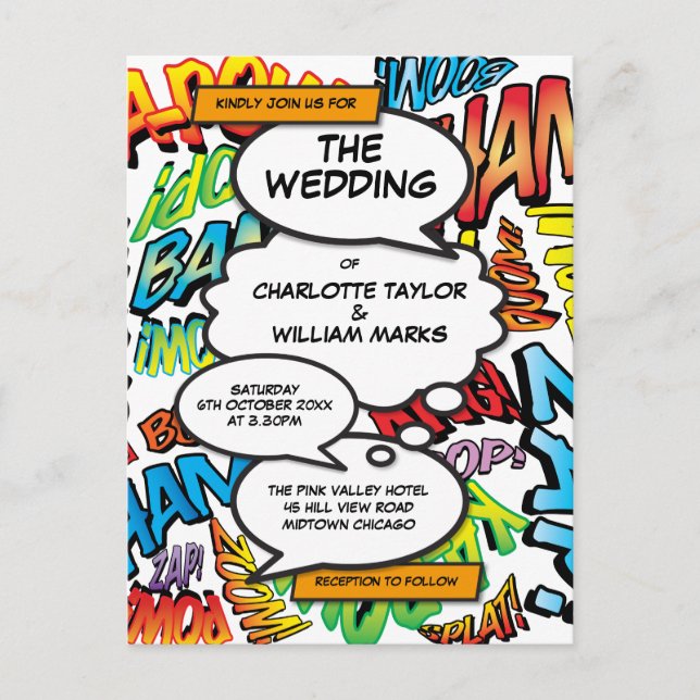 Moderne bunt typografische Fun Comic Hochzeit Einladungspostkarte (Vorderseite)