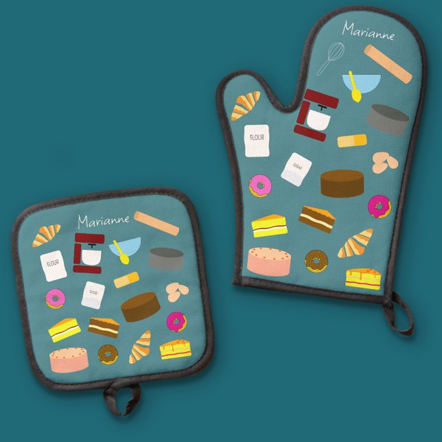 Moderne bunte Backwaren und Backwaren Ofenhandschuh & Topflappen-Set (oven mitt teal)