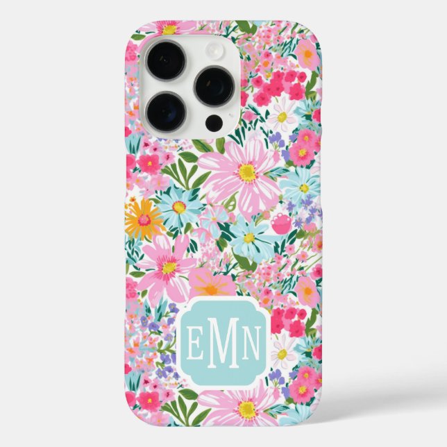 Moderne Bunte Blumen Garten Monogramm iPhone 16 Pro Hülle (Rückseite)